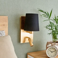 Aplique de pared Aiden de Lindby, 30 cm, negro, dorado, brazo de lectura LED