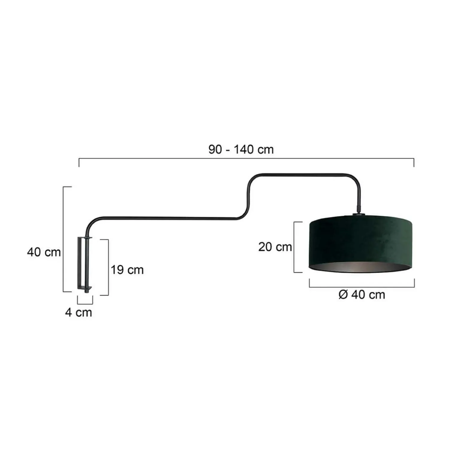 Aplique de pared Bloeba, negro/verde, saliente 140 cm, terciopelo