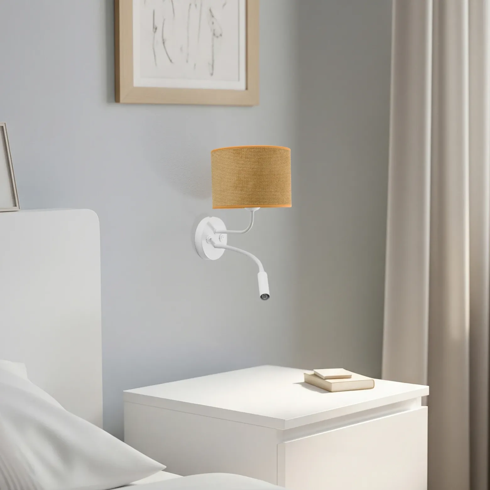 Aplique de pared, cable, blanco/amarillo mostaza, brazo de lectura