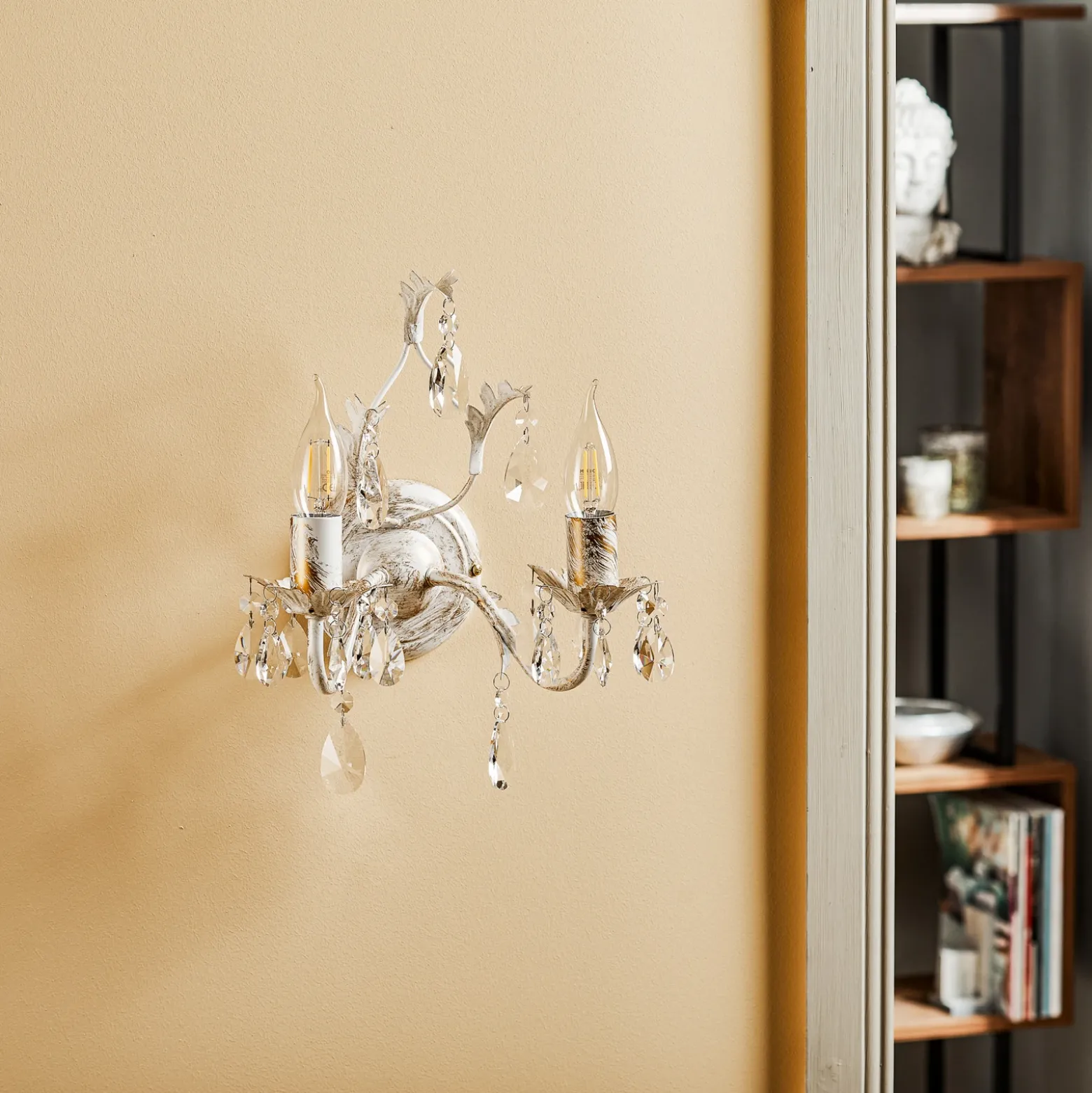 Aplique de pared de cristal Teresa, marfil 2 luces
