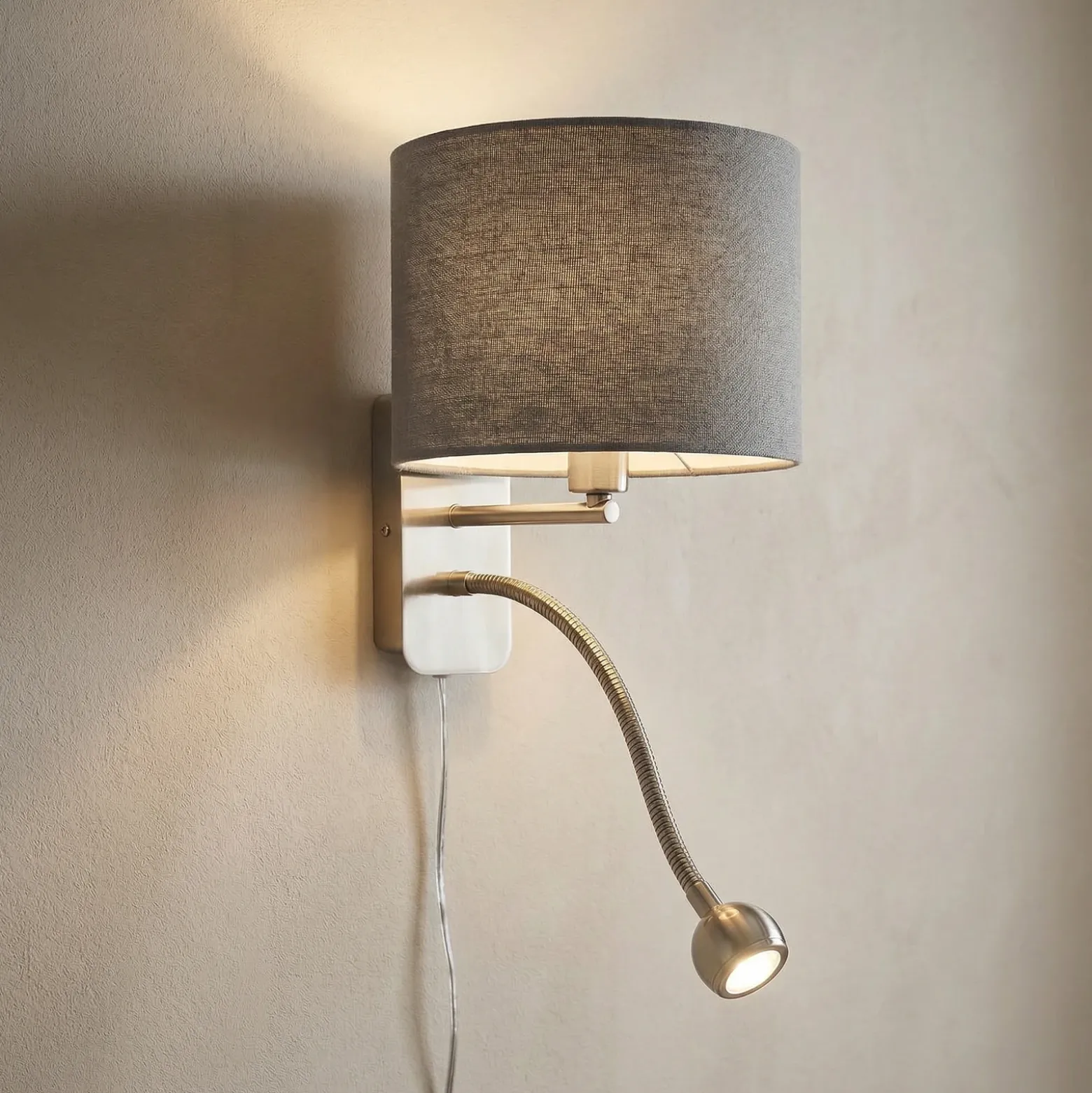 Aplique de pared de hotel con brazo de lectura LED, redondo, gris