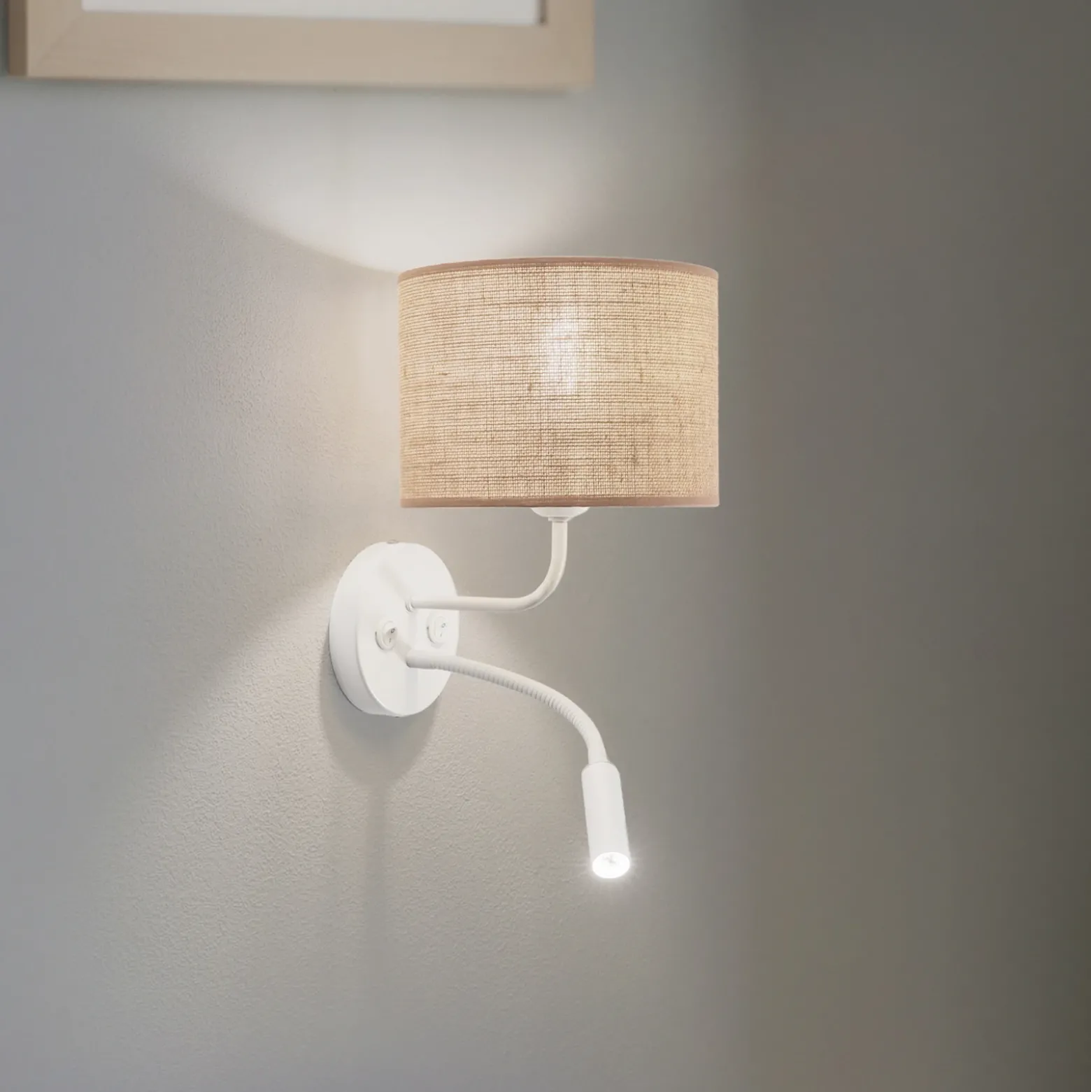 Aplique de pared de yute, marrón/blanco, tela, brazo de lectura