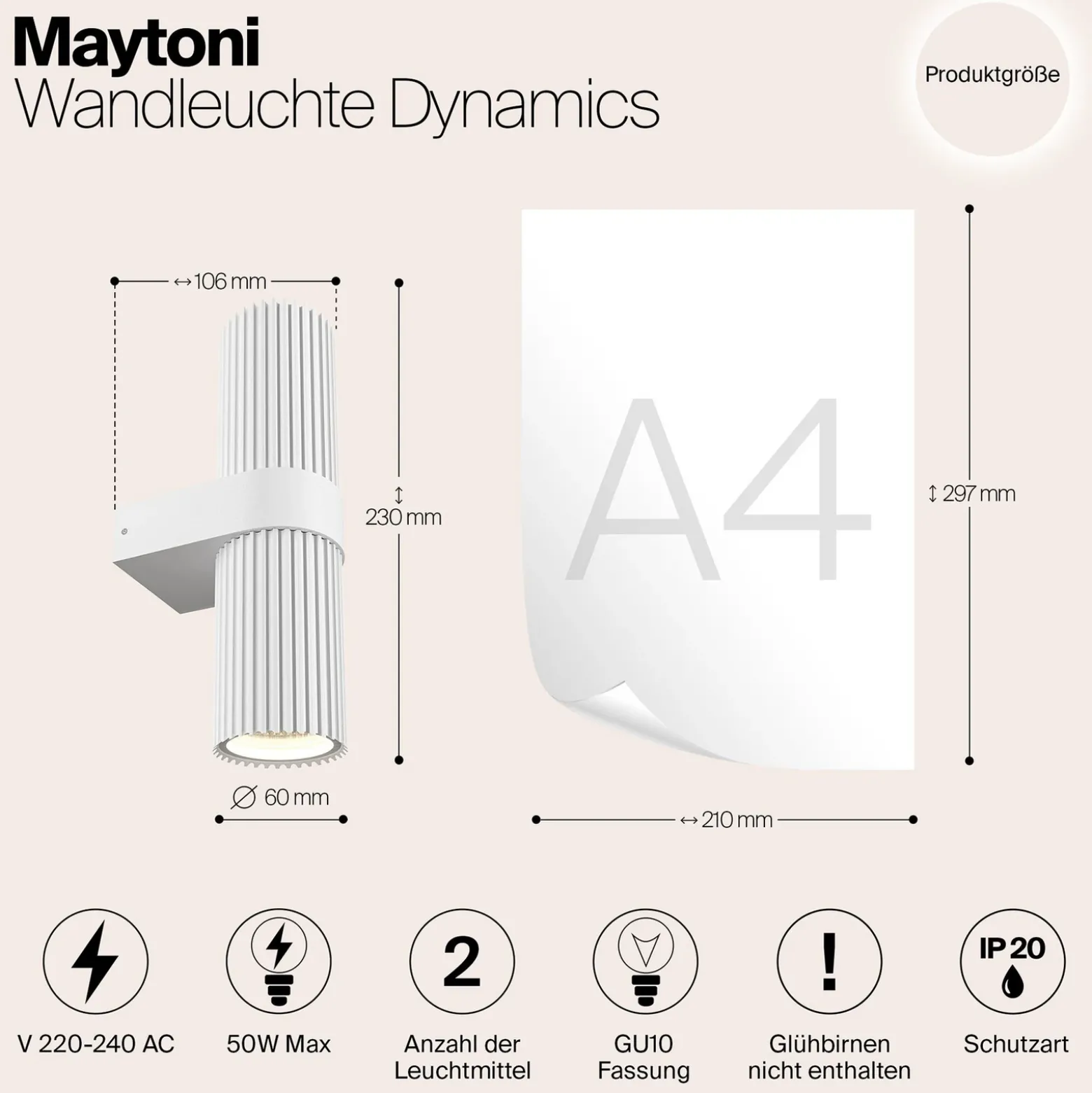 Aplique de pared DYNAMICS, blanca, altura 23 cm, metal, arriba/abajo