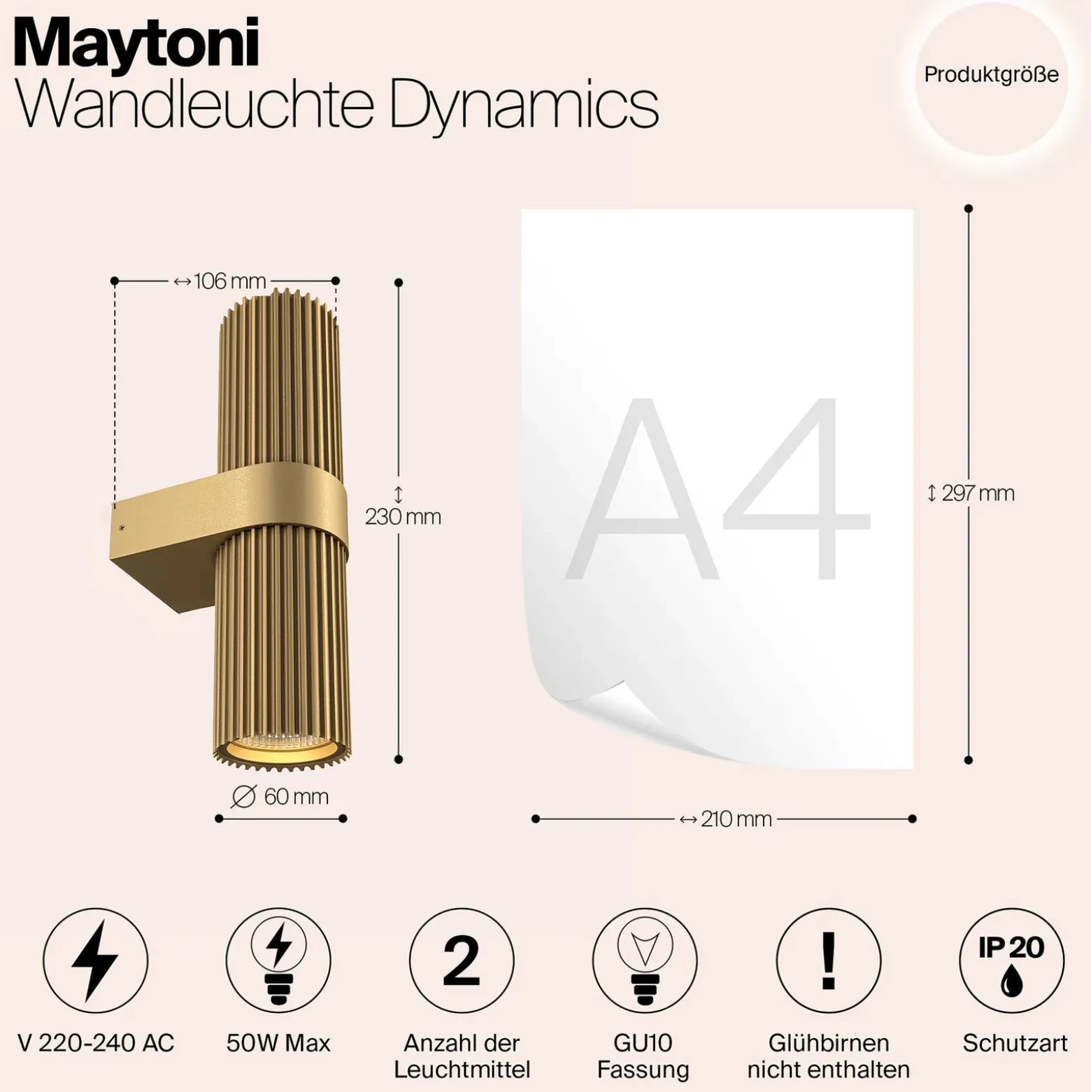 Aplique de Pared DYNAMICS, color dorado, altura 23 cm, metal arriba/abajo