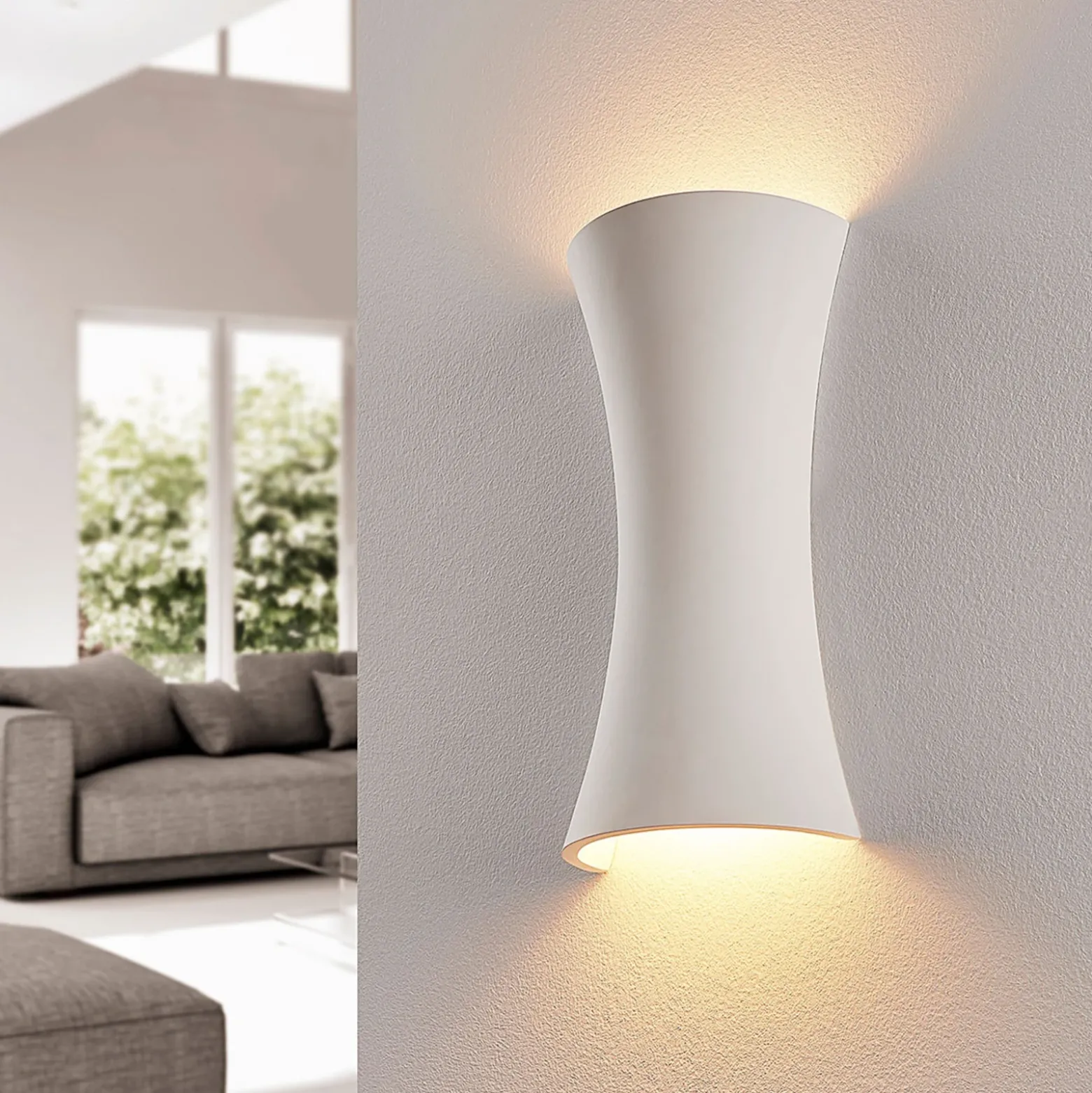 Aplique de pared Edon de Lindby, blanco, yeso, cóncavo, 30 cm