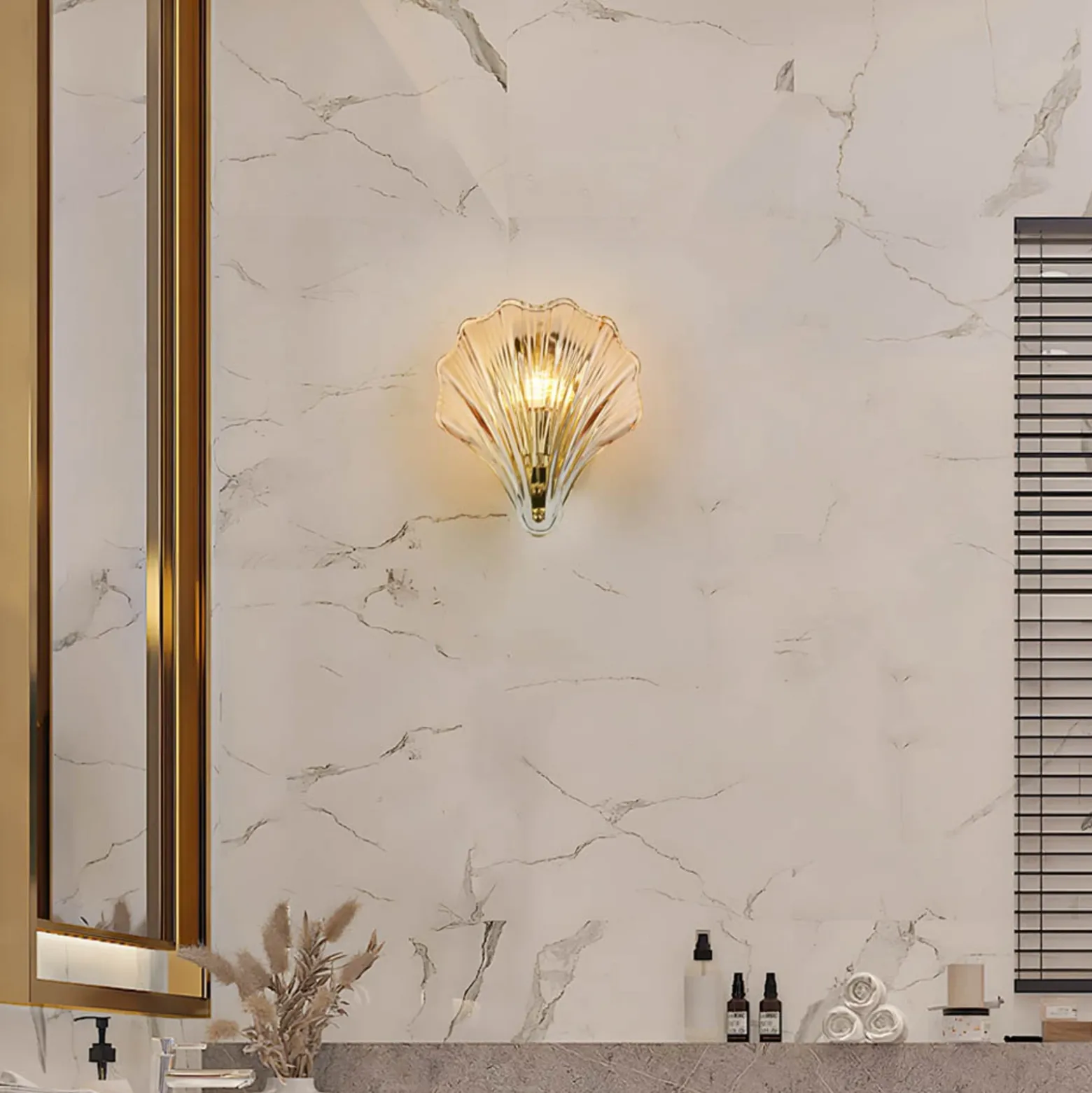 Aplique de pared en forma de concha, tintado ámbar, cristal, IP44