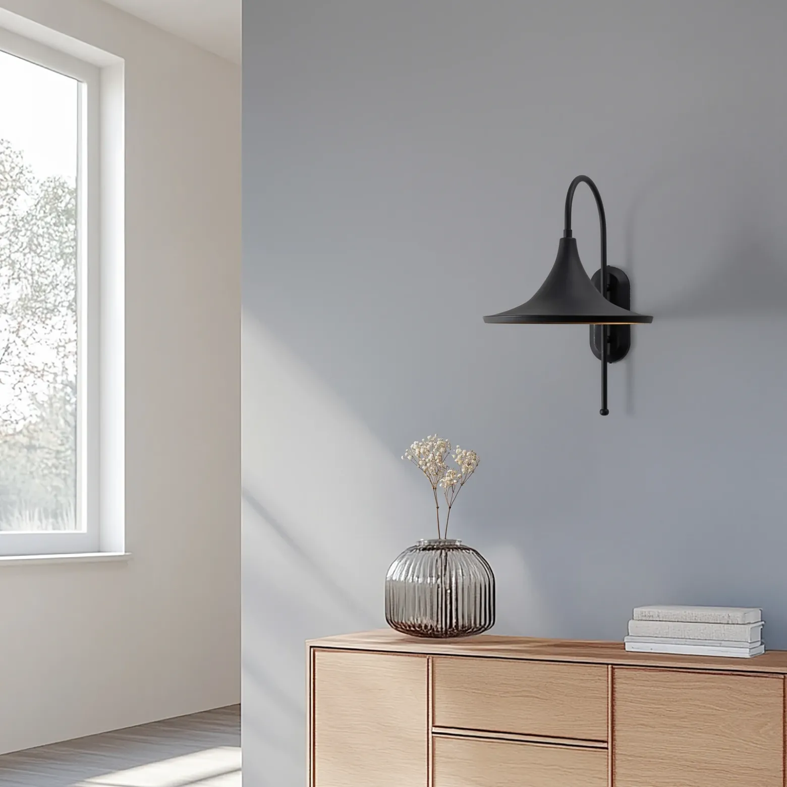 Aplique de pared Enjolino, negro, altura 48 cm, metal, E27