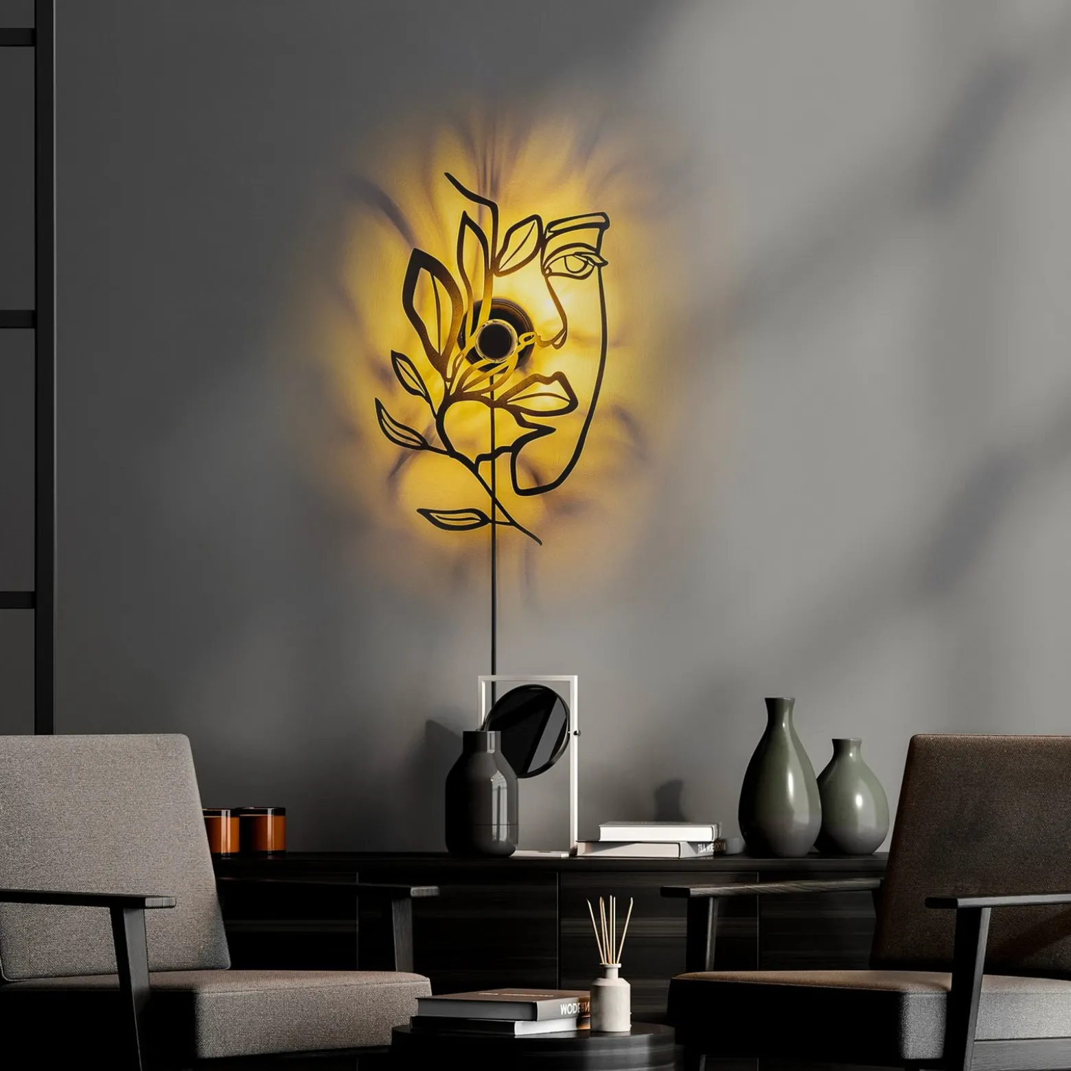 Aplique de pared Flower Faced, negro, metal, 54 x 34 cm, enchufe