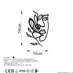 Aplique de pared Flower Faced, negro, metal, 54 x 34 cm, enchufe
