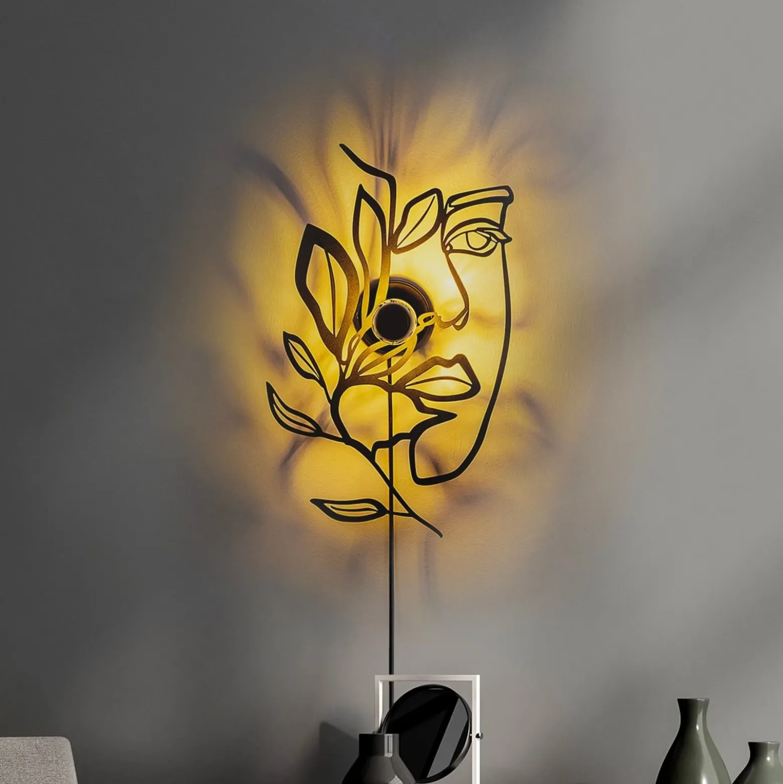 Aplique de pared Flower Faced, negro, metal, 54 x 34 cm, enchufe