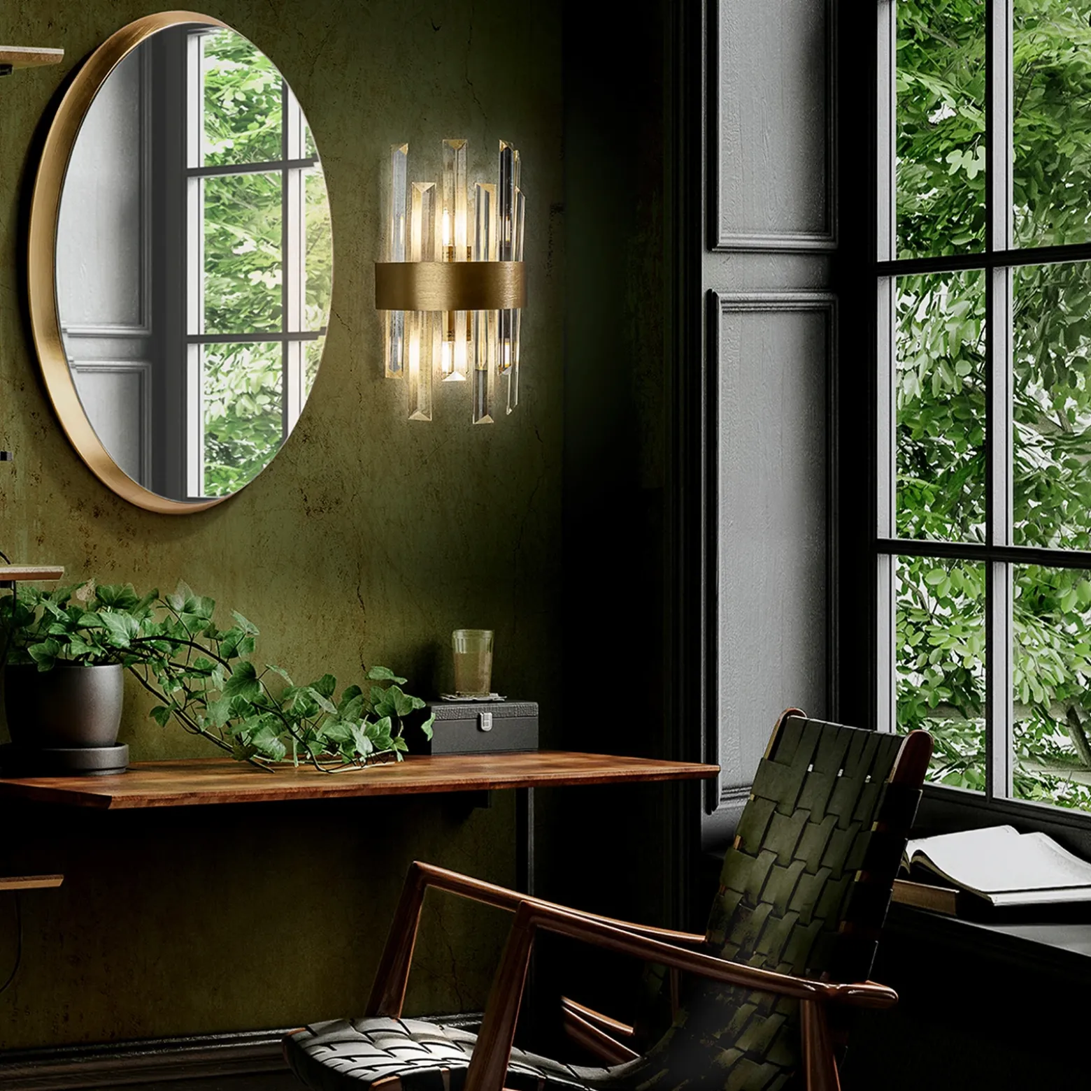 Aplique de pared Grace, 2 luces, dorado, hierro, cristal