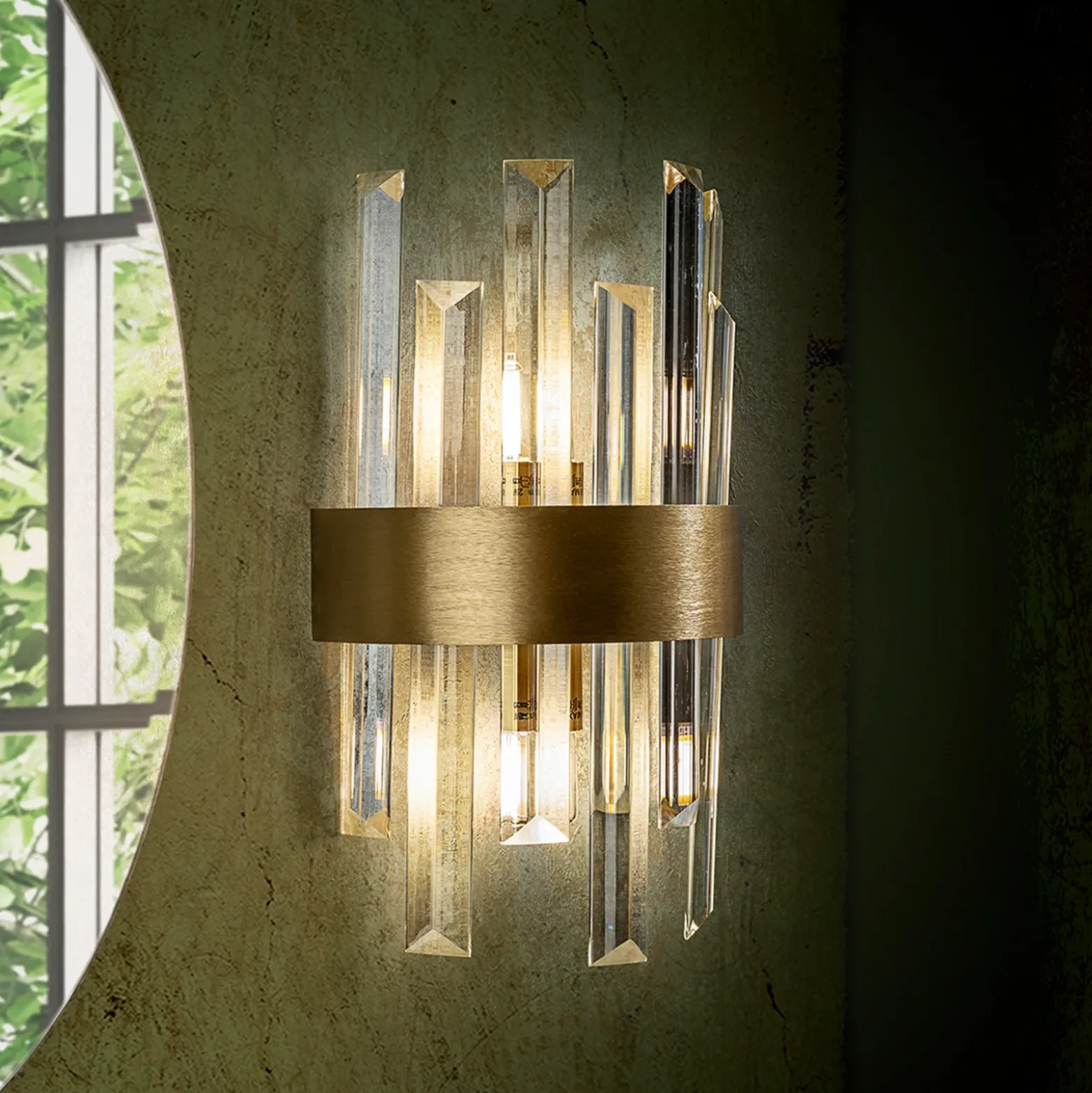 Aplique de pared Grace, 2 luces, dorado, hierro, cristal