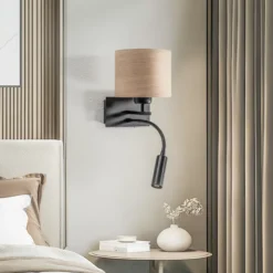 Aplique de pared Harry, redondo, negro/madera clara