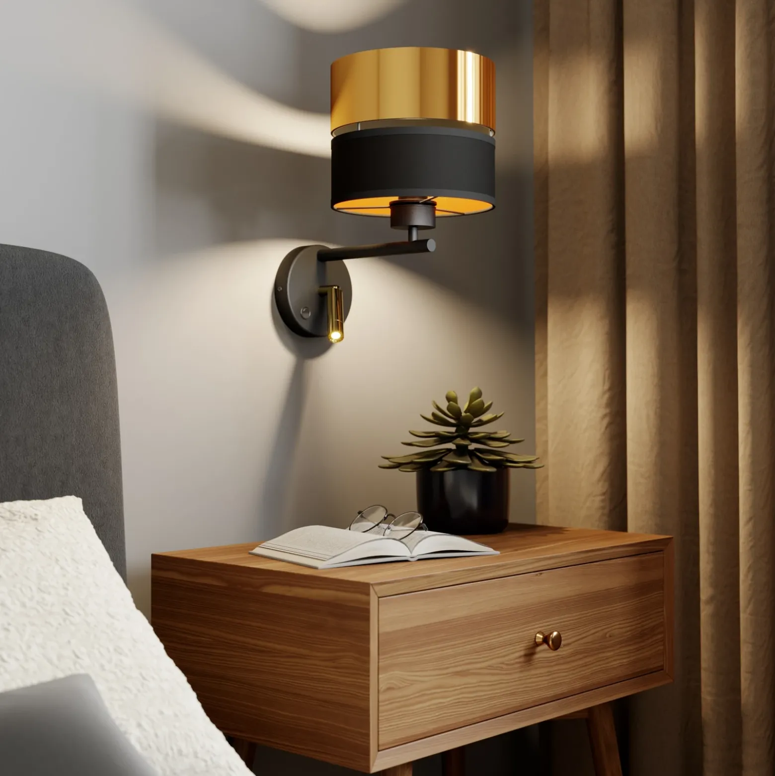 Aplique de pared Hilton negro/dorado con brazo de lectura LED