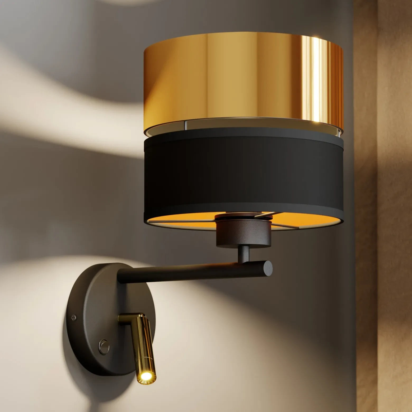 Aplique de pared Hilton negro/dorado con brazo de lectura LED