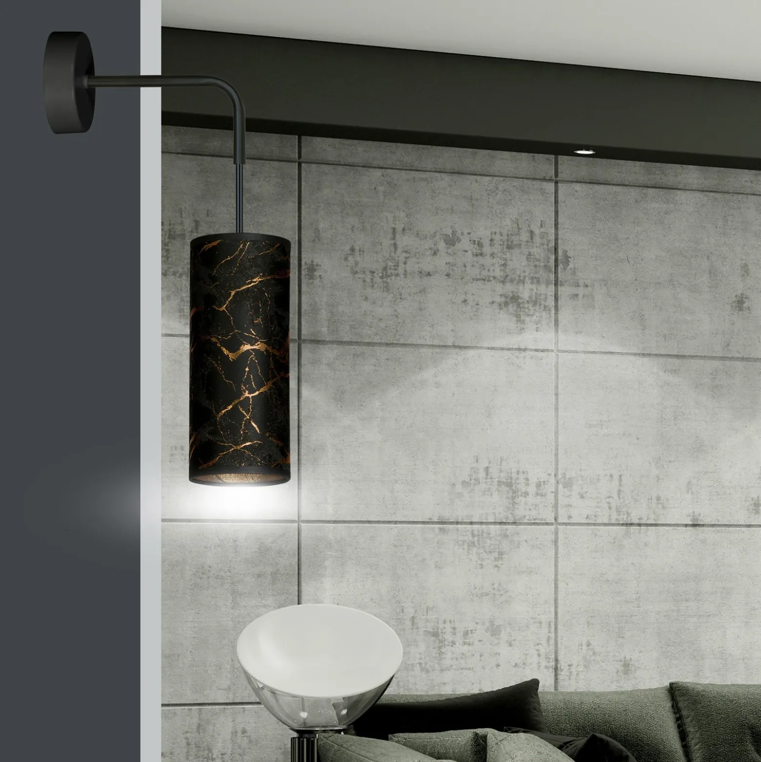 Aplique de pared Joni, textil, 1 luz negro marmolado