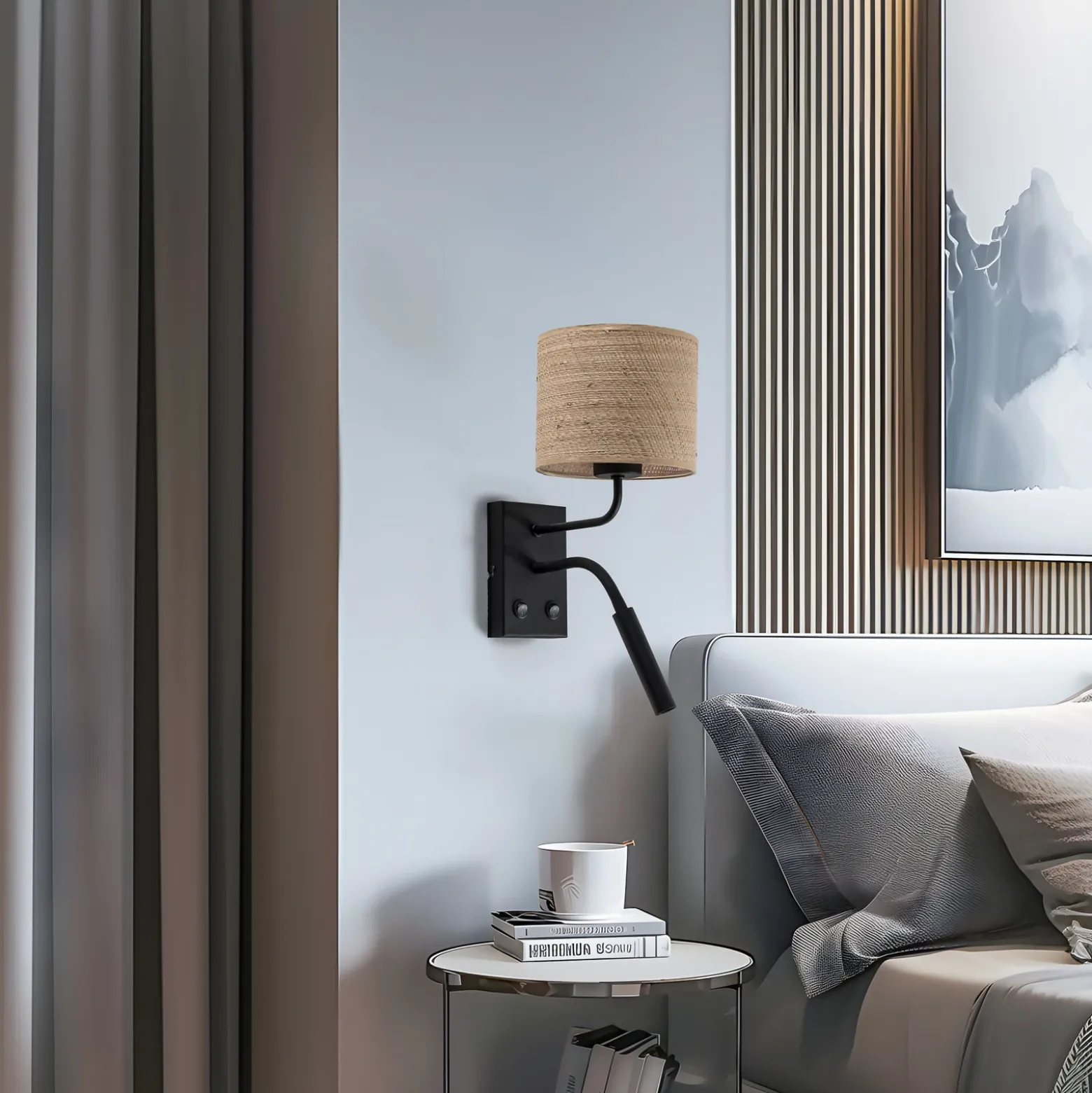 Aplique de pared Jovin 1 luz con foco, pantalla de ratán