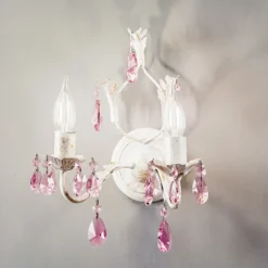 Aplique de pared Kate 2 luces, blanco, cristales rosas