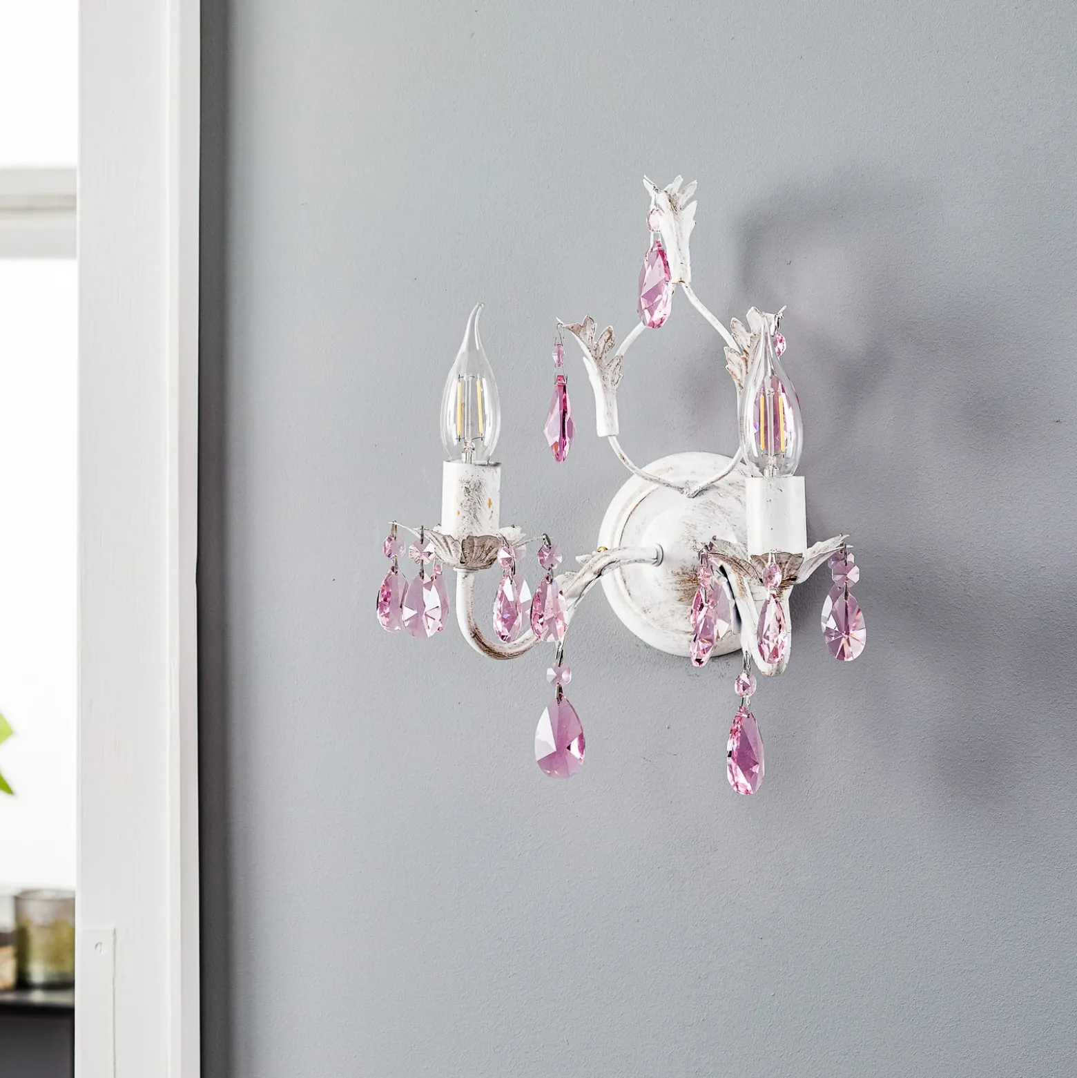 Aplique de pared Kate 2 luces, blanco, cristales rosas