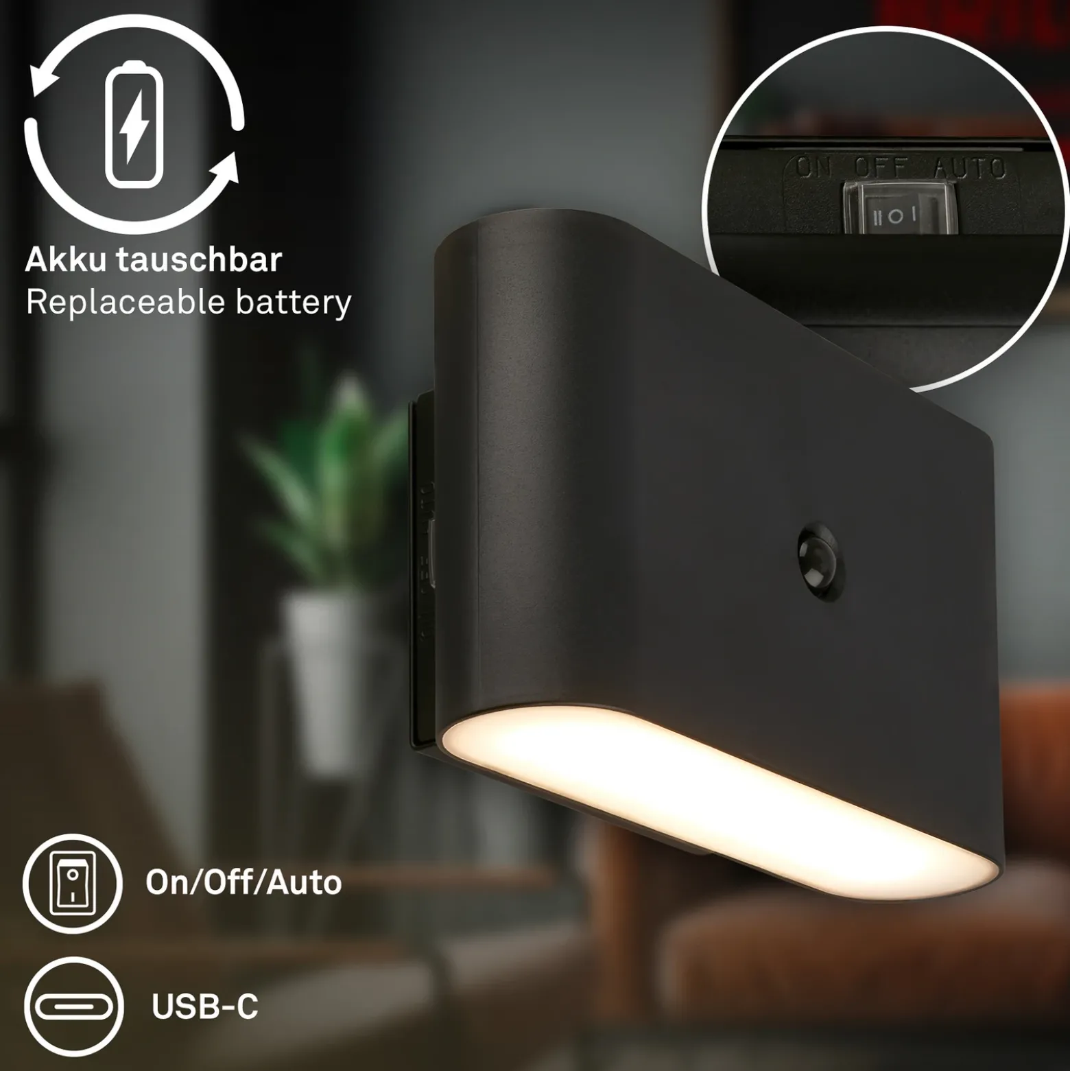Aplique de pared LED Chat, negro, 16 cm, plástico, sensor