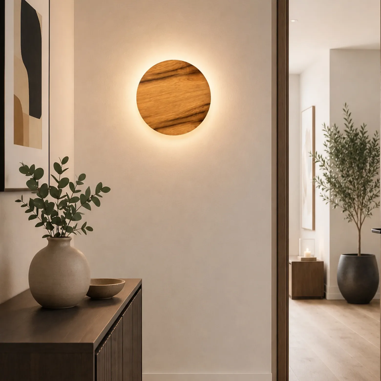 Aplique de pared LED Havana M, roble con nudos/metal, Ø 34 cm, IP44