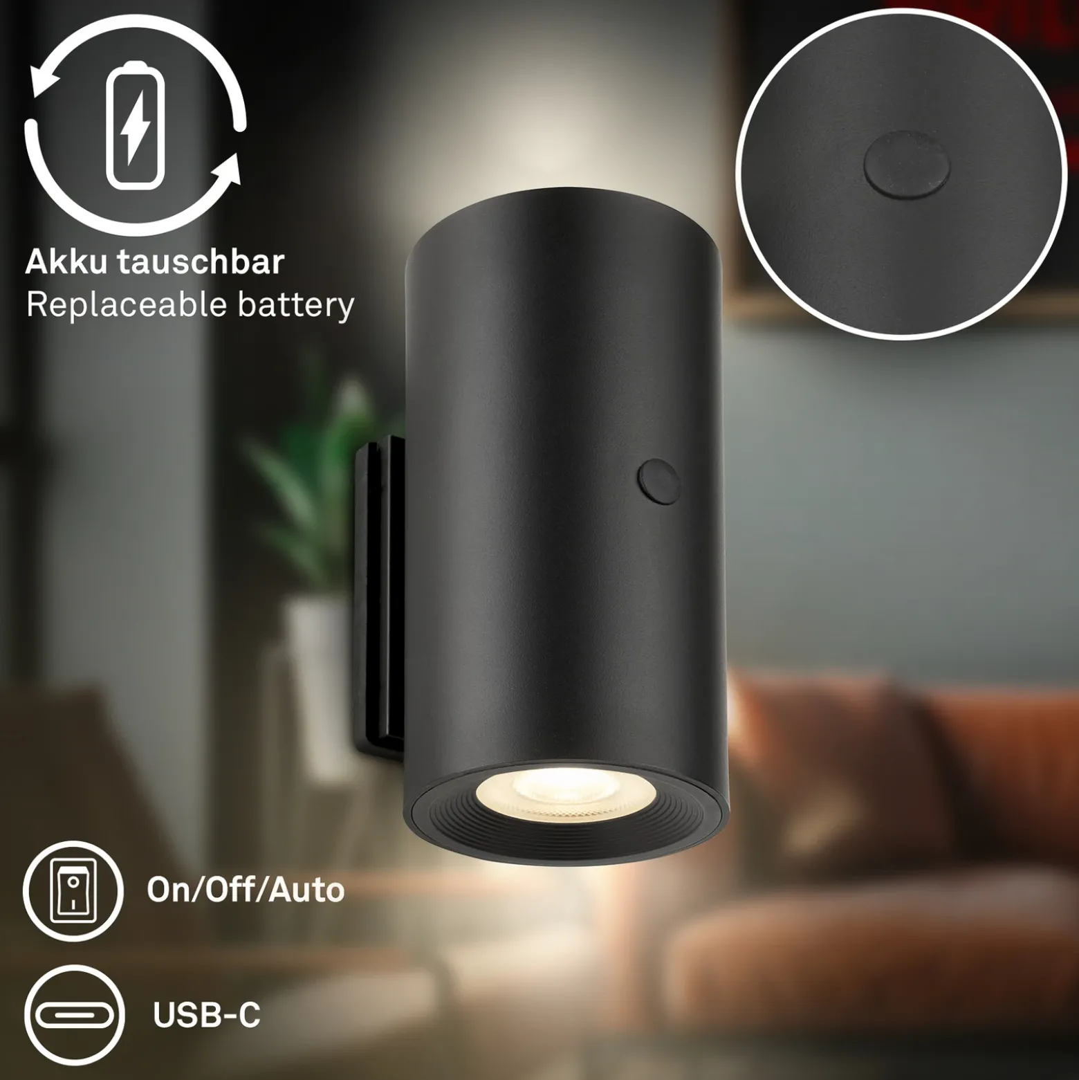 Aplique de pared LED Isy, negro mate, plástico, 3000 K