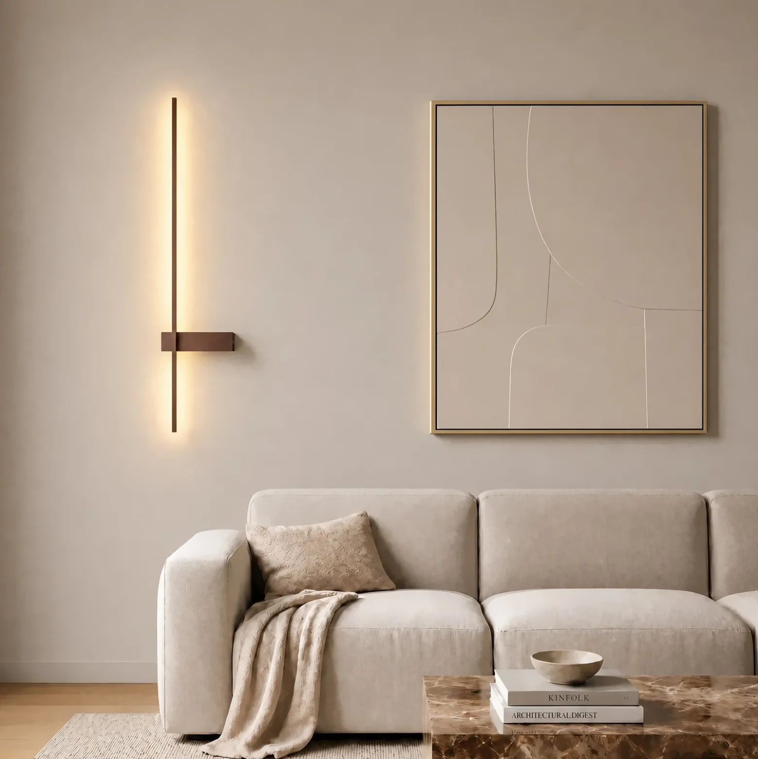 Aplique de pared LED Lindby Natsumi, marrón, aluminio, 90 cm