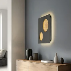 Aplique de pared LED Lucande Delin, gris/dorado, 55 x 55 cm, atenuable