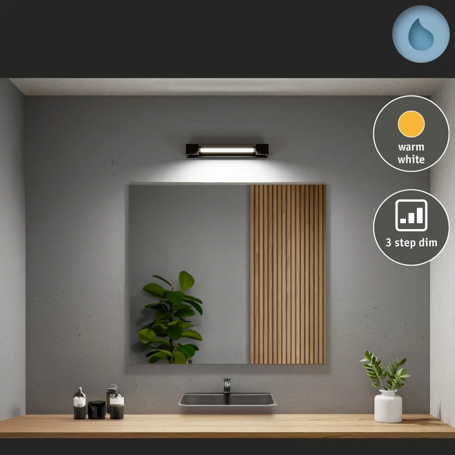 Aplique de pared LED Lucille de Paulmann, negro, 40 cm, IP44, atenuable
