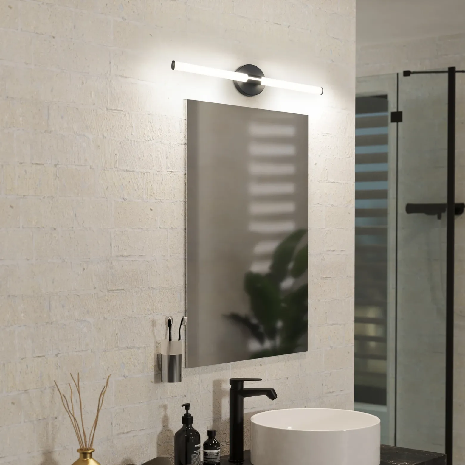 Aplique de pared LED Ramola, negra, ancho 60 cm, IP44, CCT