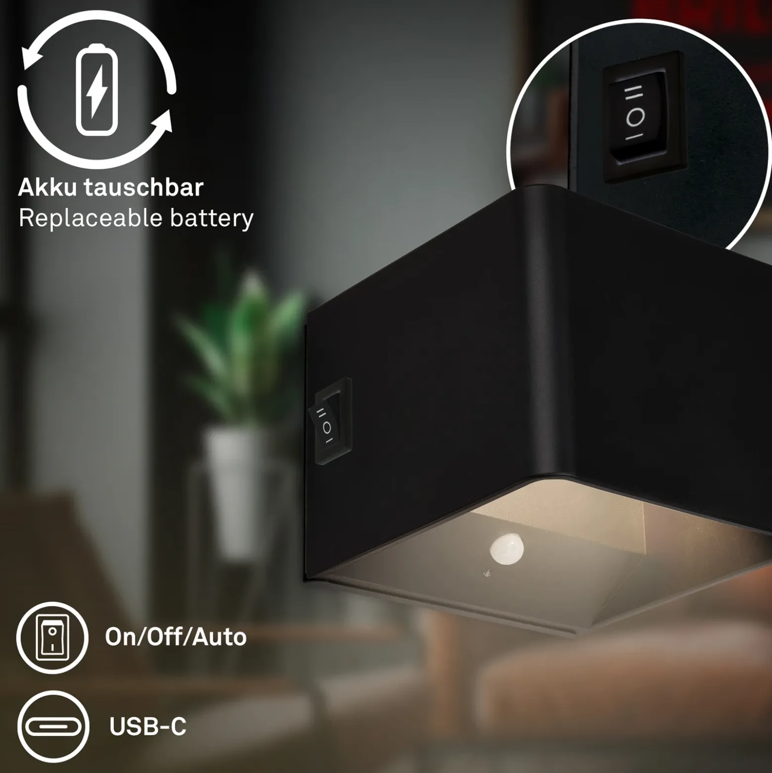 Aplique de pared LED recargable Barro, negro Ancho 8 cm Metal, sensor