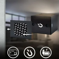 Aplique de pared LED recargable Barro, negro Ancho 8 cm Metal, sensor