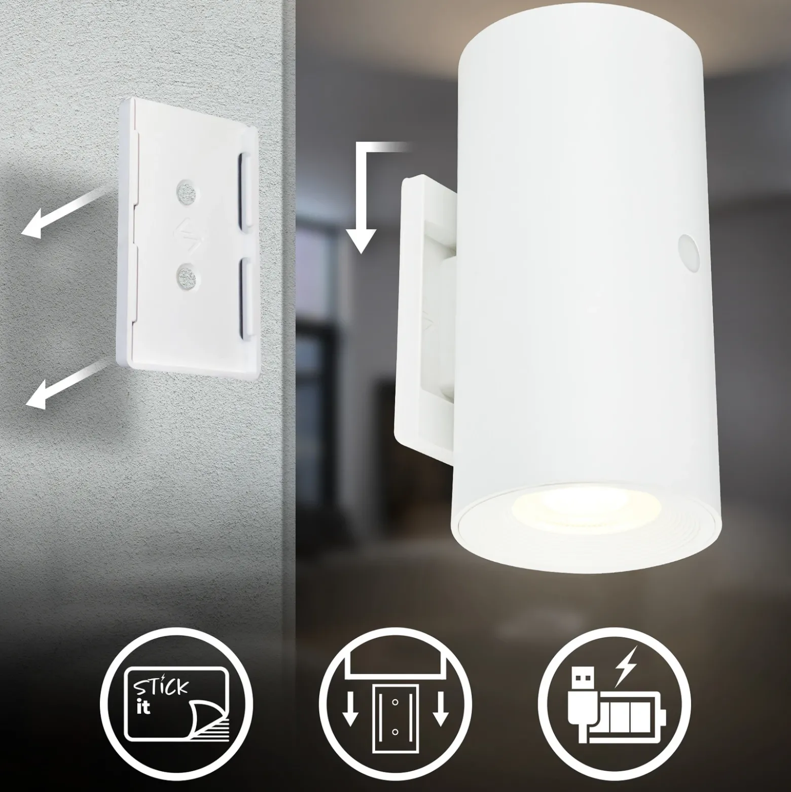Aplique de pared LED recargable Isy, blanco mate, plástico, 3000 K