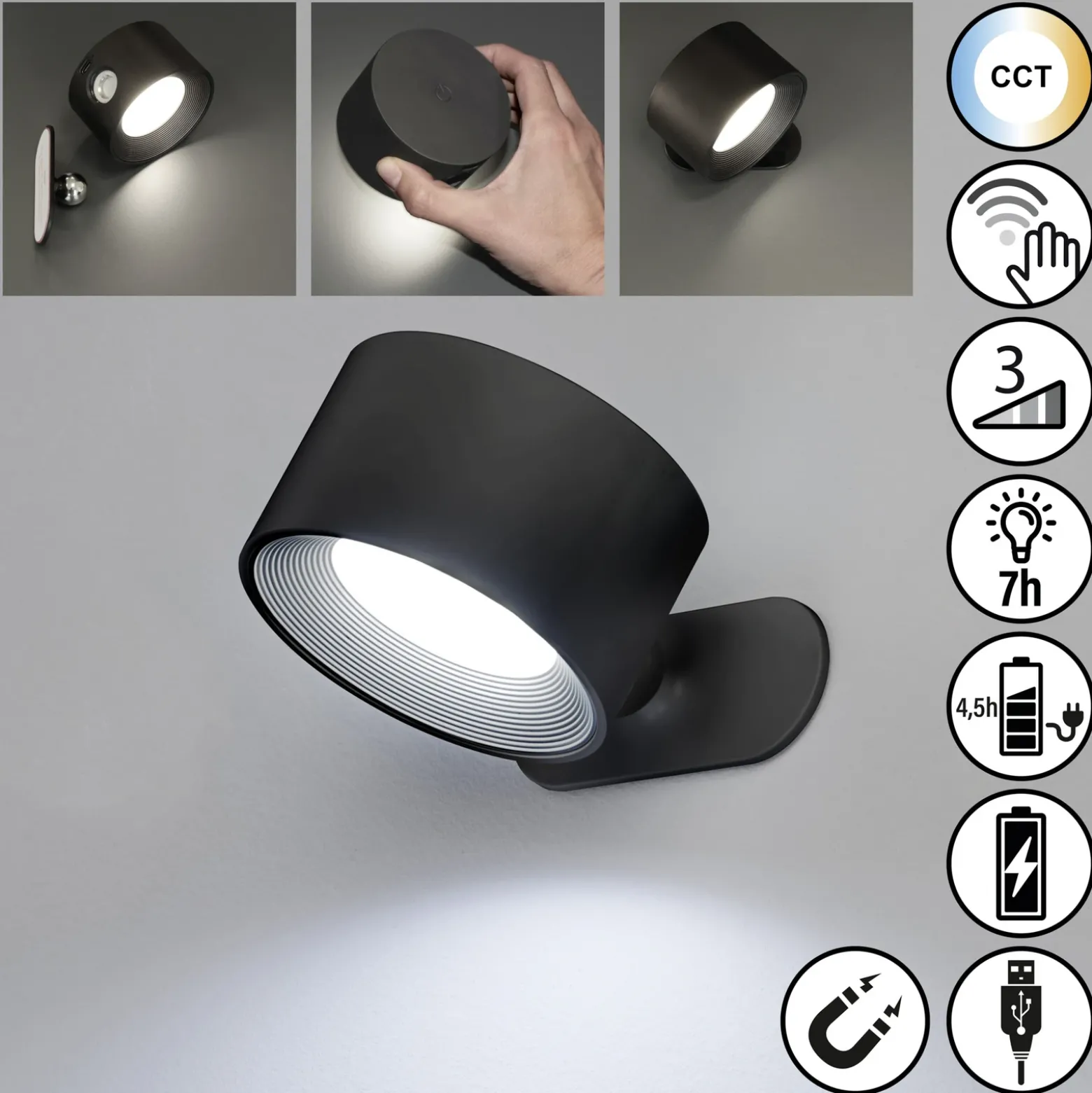 Aplique de pared LED recargable Magnetics, negro, CCT, con imán