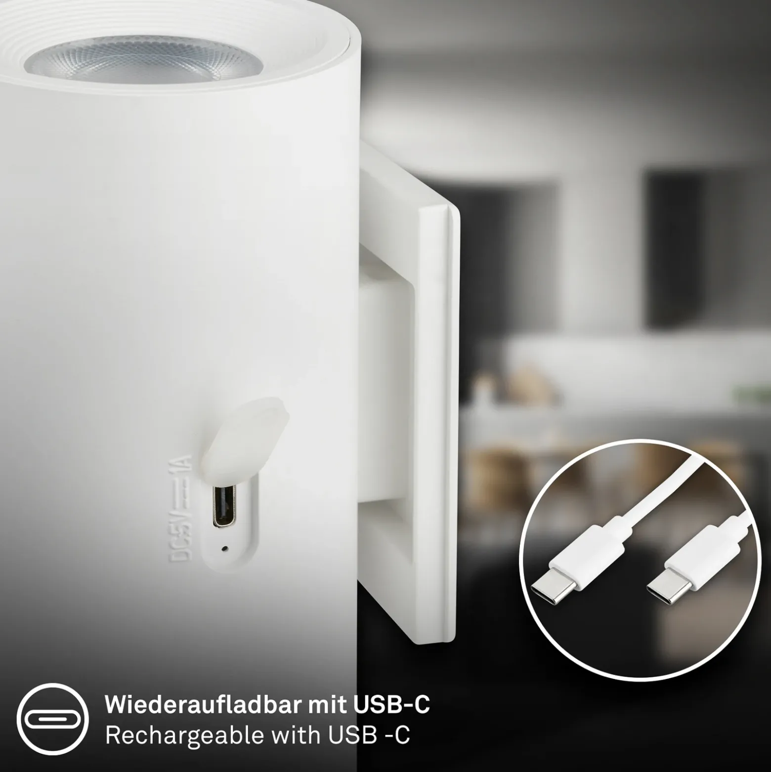 Aplique de pared LED recargable Isy, blanco mate, plástico, 3000 K