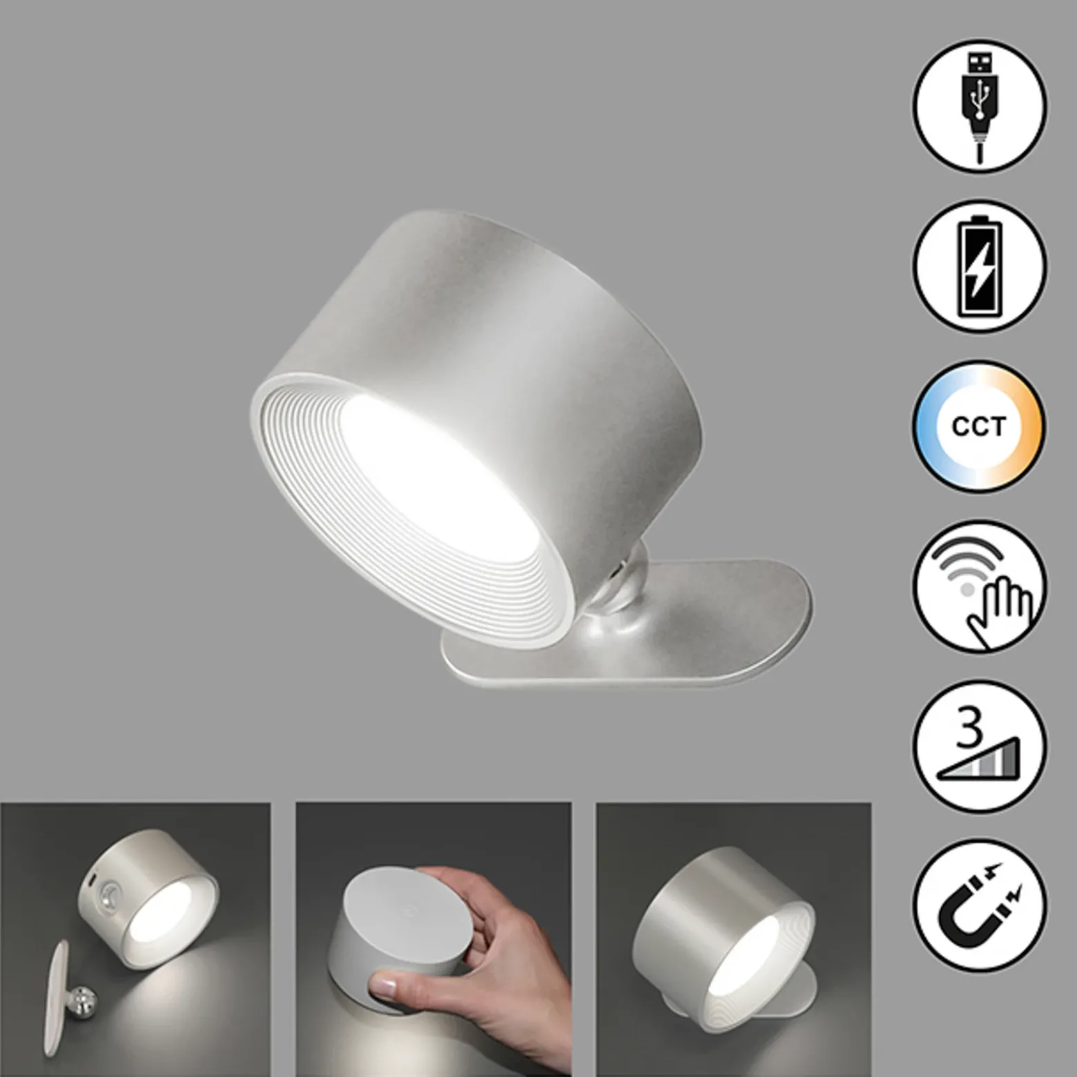Aplique de pared LED recargable Magnetics, plateado, CCT, con imán