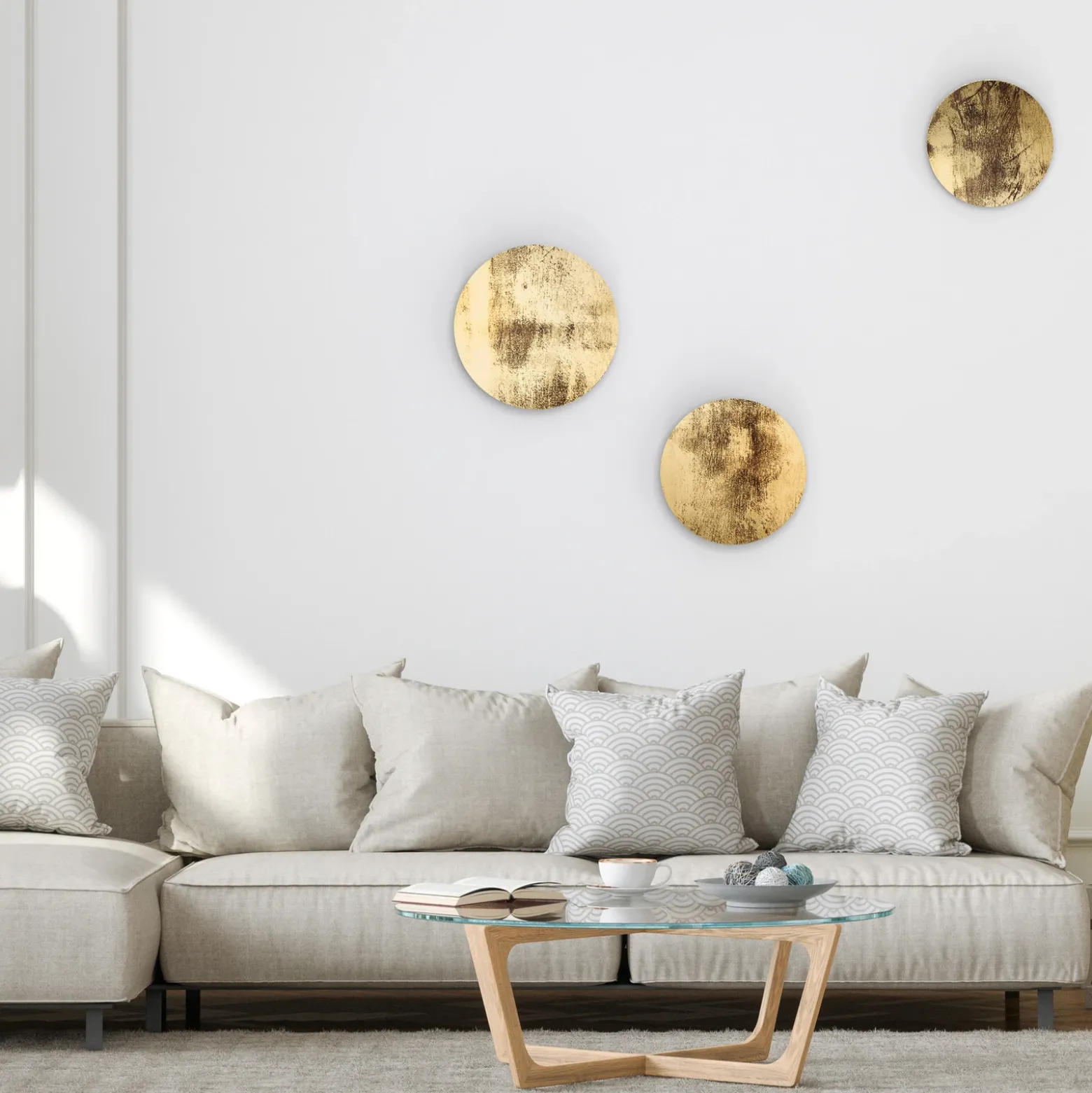 Aplique de pared LED Ring L, Ø 35 cm, madera contrachapada, color dorado