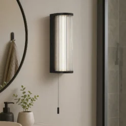 Aplique de pared LED Rue, negro, IP44, metal, cristal, 3.000 K