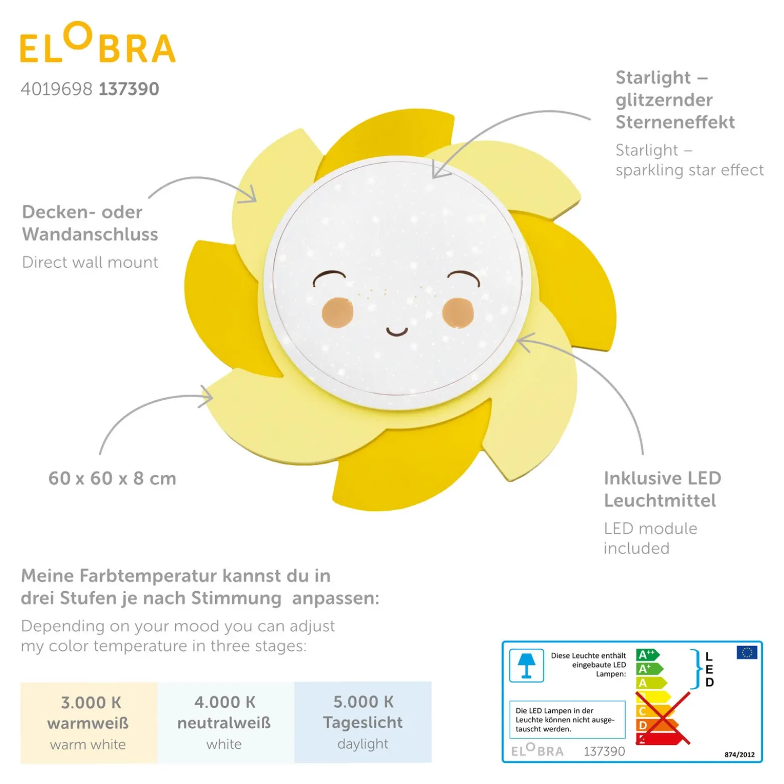 Aplique de pared LED Sun Starlight Smile, amarillo