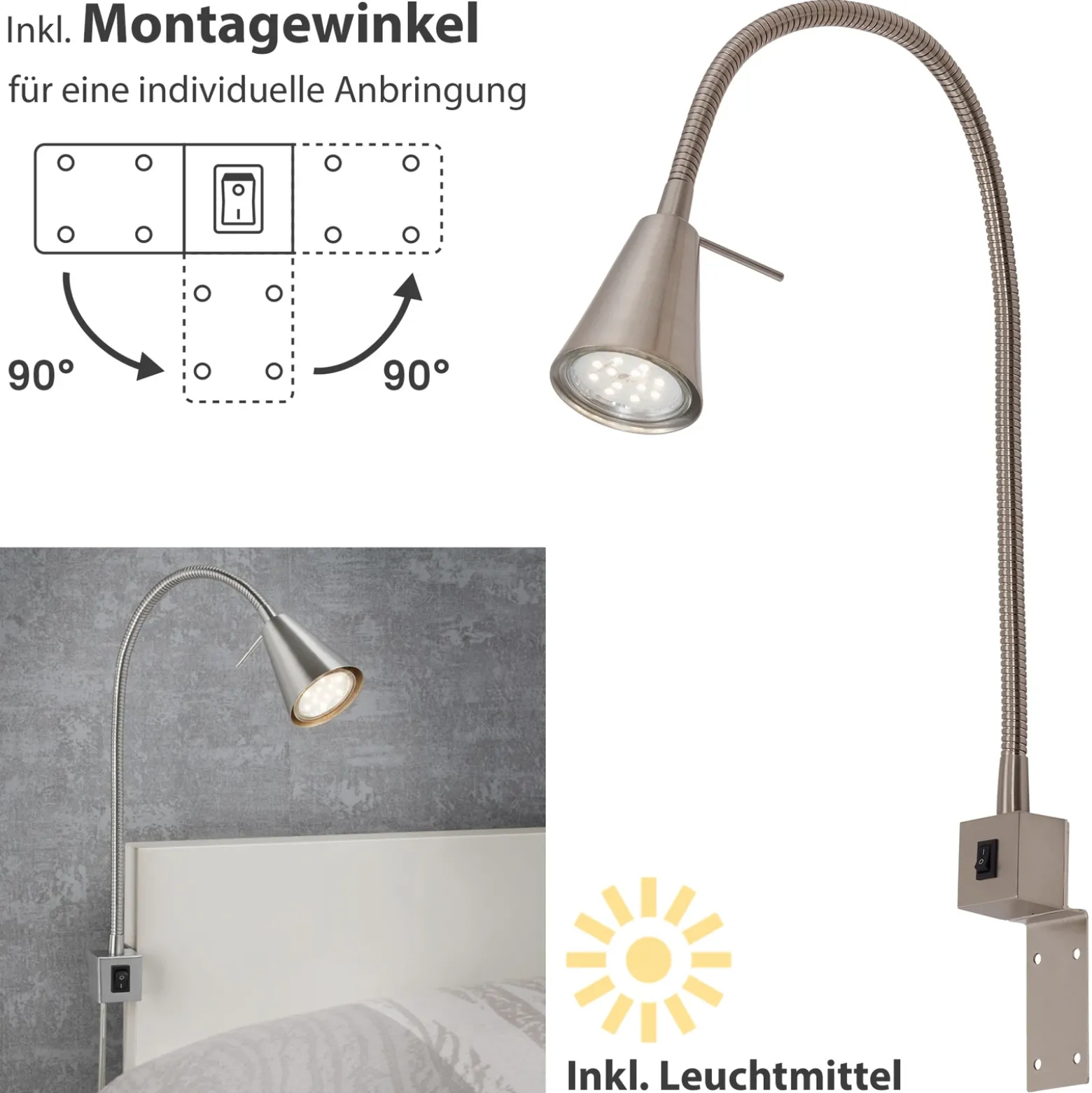 Aplique de pared LED Tuso, níquel, montaje en cama, metal