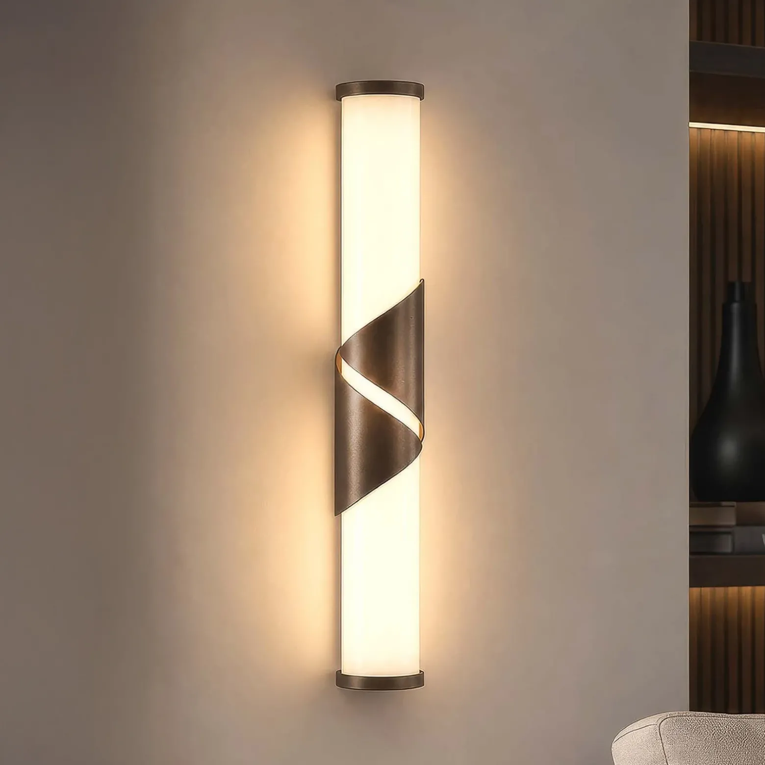 Aplique de pared LED Wrap, IP44, bronce, metal, cristal, 3.000 K
