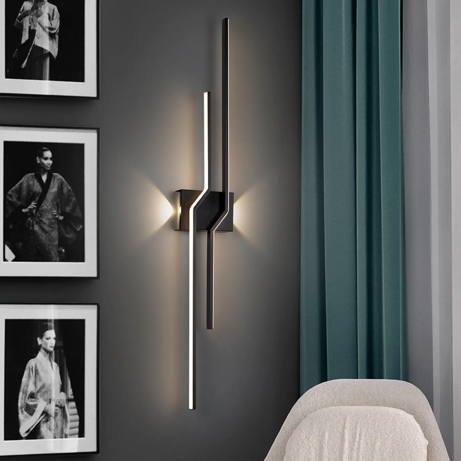 Aplique de pared LED Zig Zag, altura 100 cm, negro, metal, 4 luces.