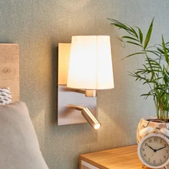 Aplique de pared Lindby Aiden, blanco, níquel, brazo de lectura LED
