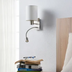 Aplique de pared Lindby Shajan, 29 cm, textil, E27, brazo de lectura LED