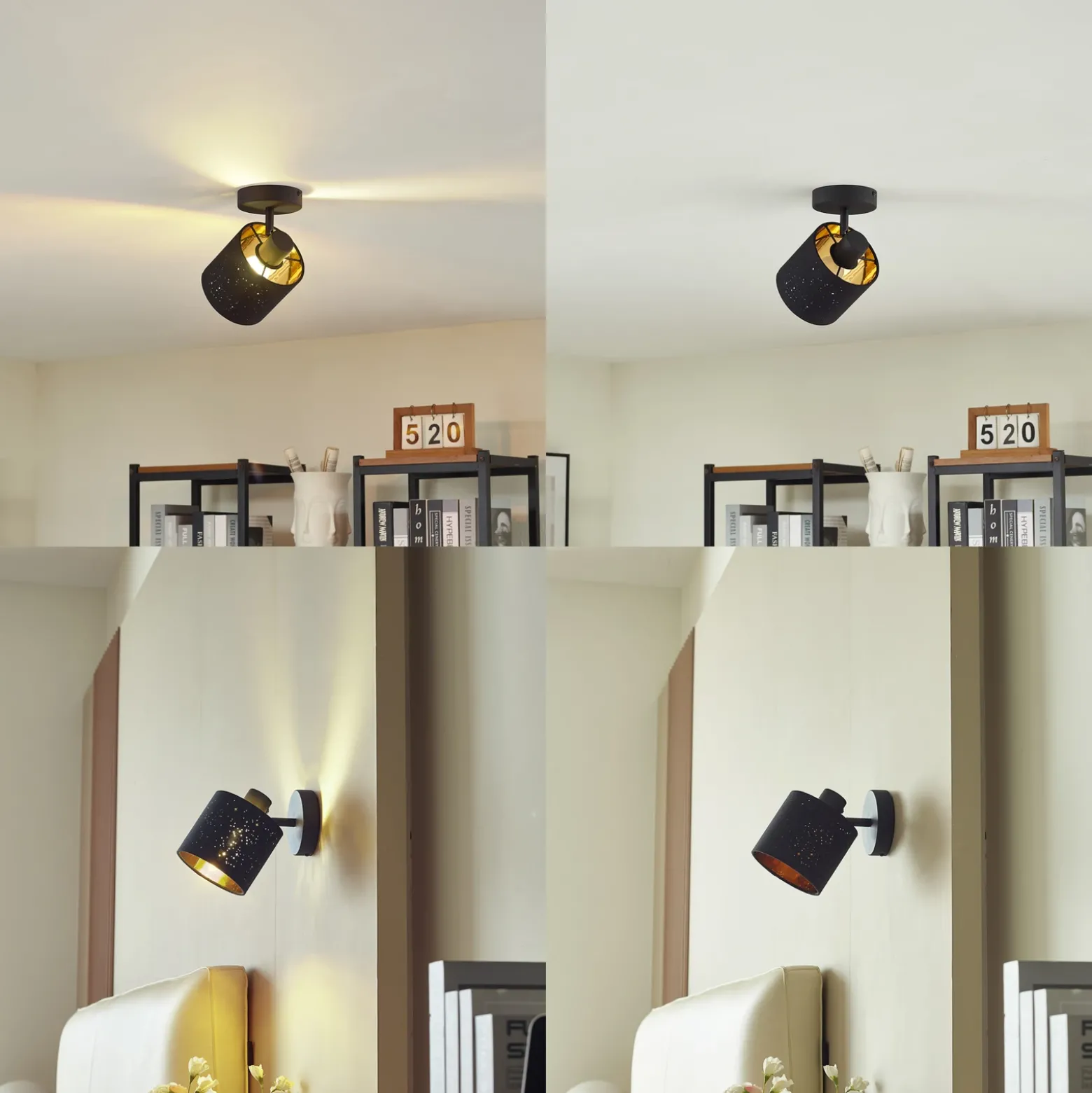 Aplique de pared Lindby Vasilia, Ø 12 cm, negro/oro, tela