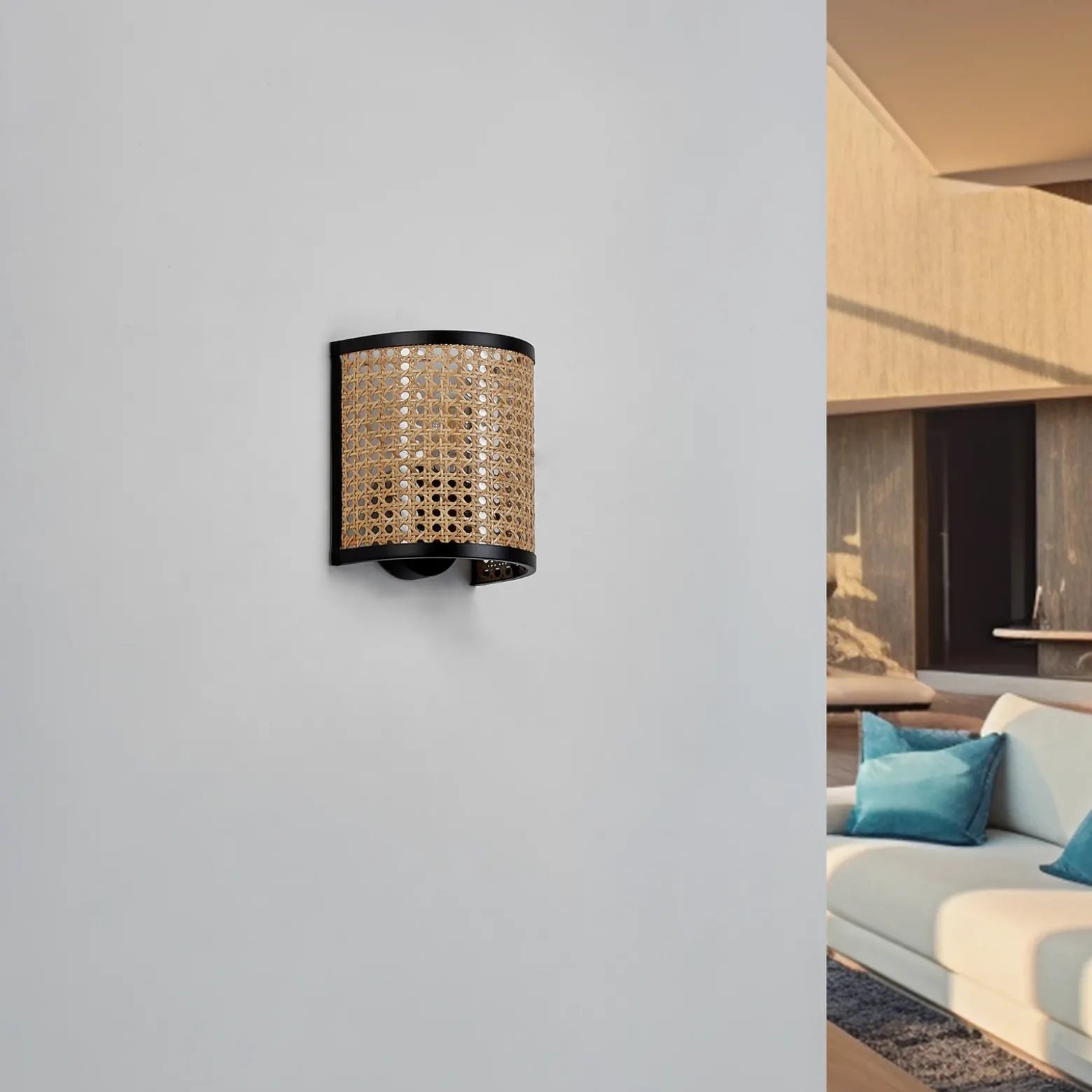 Aplique de pared Lindby Yaelle, 20 cm de altura, ratán, negro, E27