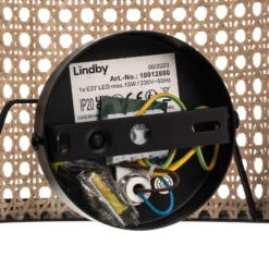 Aplique de pared Lindby Yaelle, 20 cm de altura, ratán, negro, E27