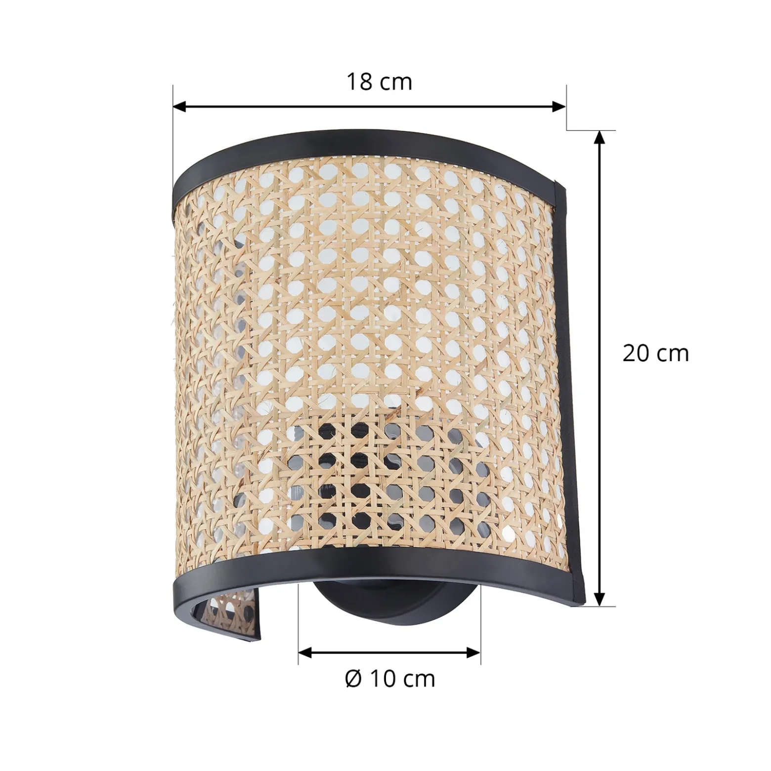 Aplique de pared Lindby Yaelle, 20 cm de altura, ratán, negro, E27