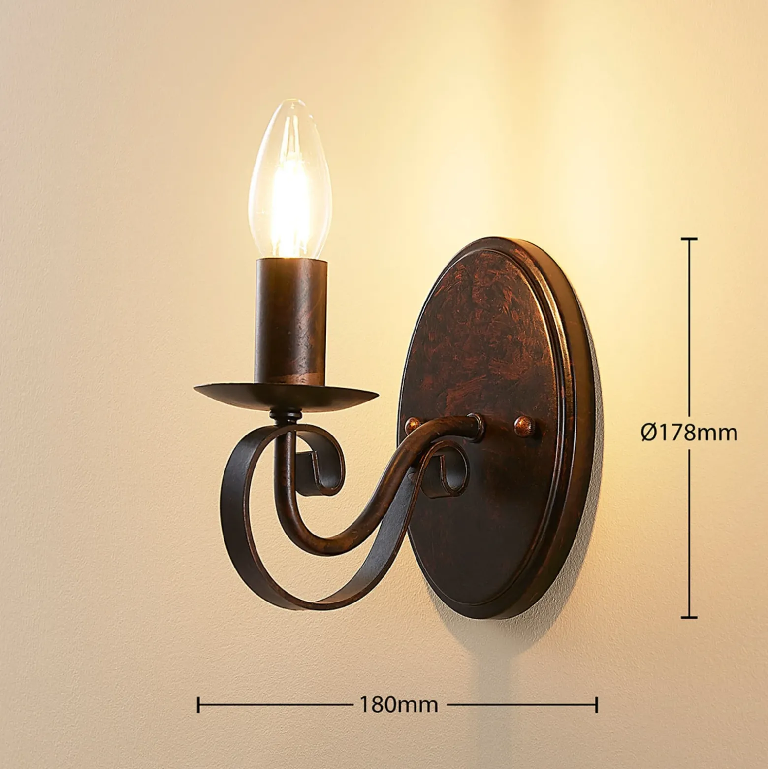 Aplique de pared Lucande Caleb, 18 cm, color óxido, metal, E14