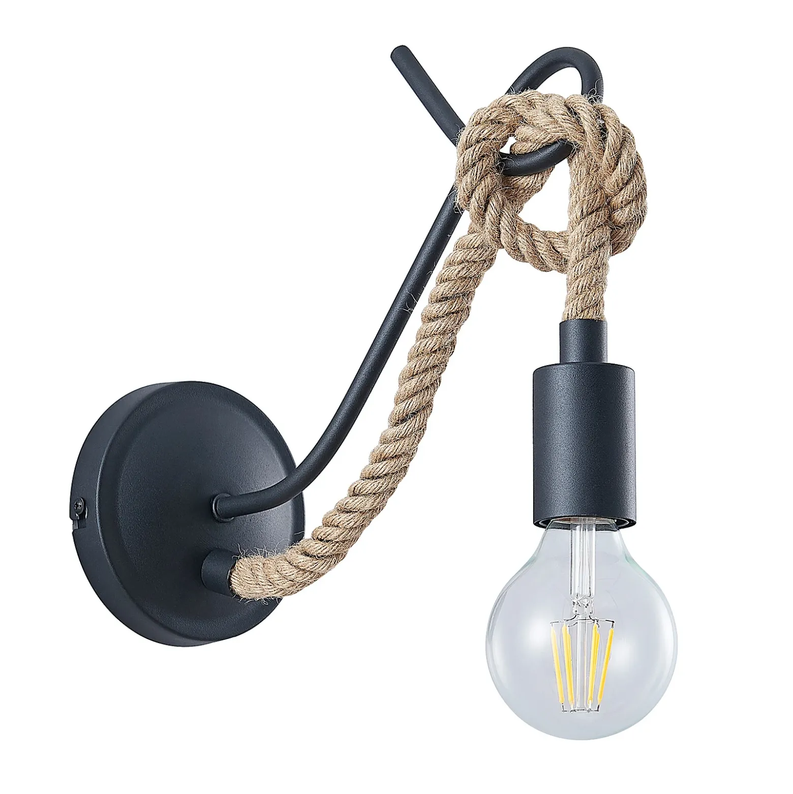 Aplique de pared Lucande Ropina, negro, cuerda de cáñamo, altura 25 cm